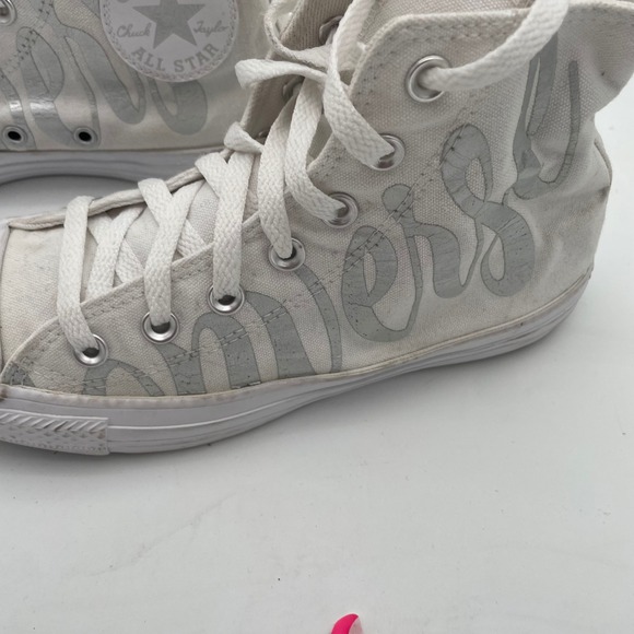 Converse All Star High Top‎ Sneakers White Silver Script Lettering Shoes Size 7 - Picture 9 of 14
